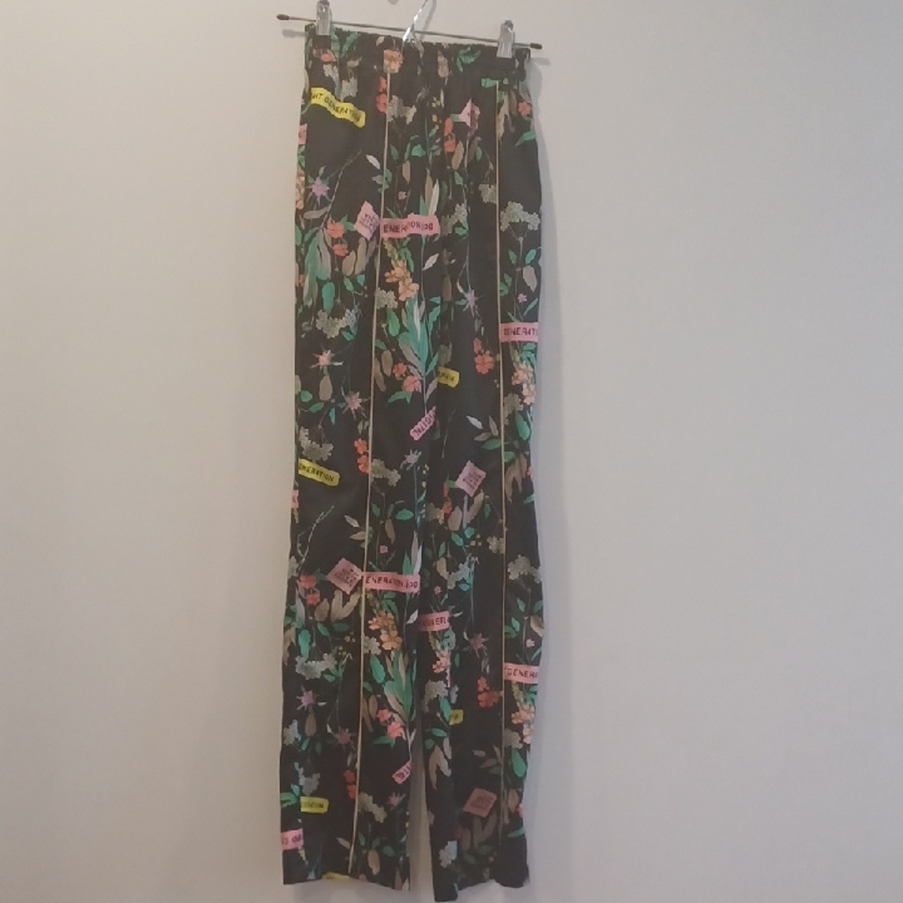 Black Floral Wide-Leg Pants with Colorful Accents